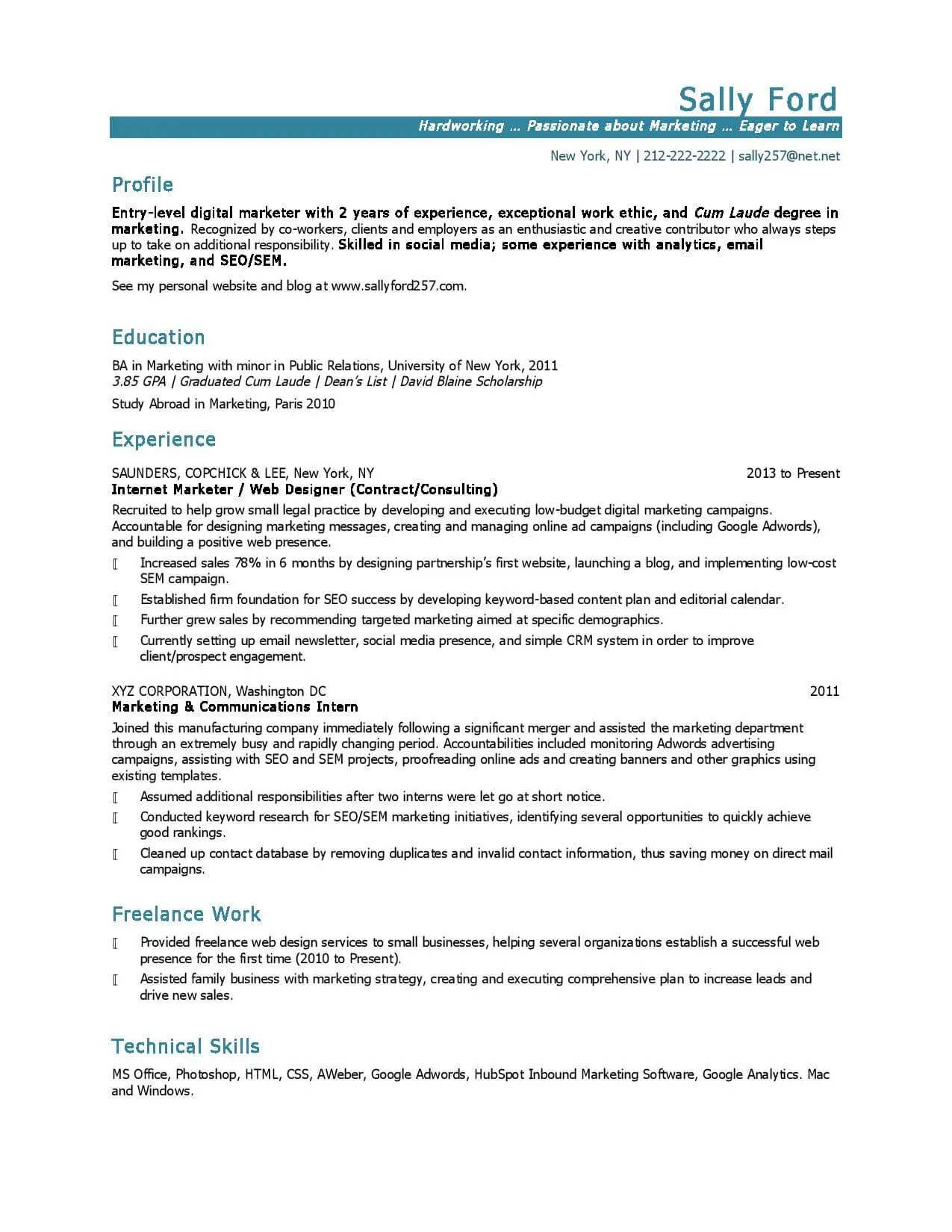 Freelance marketing resume samples