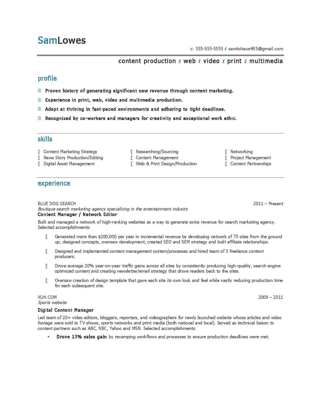Content Production Specialist resume sample