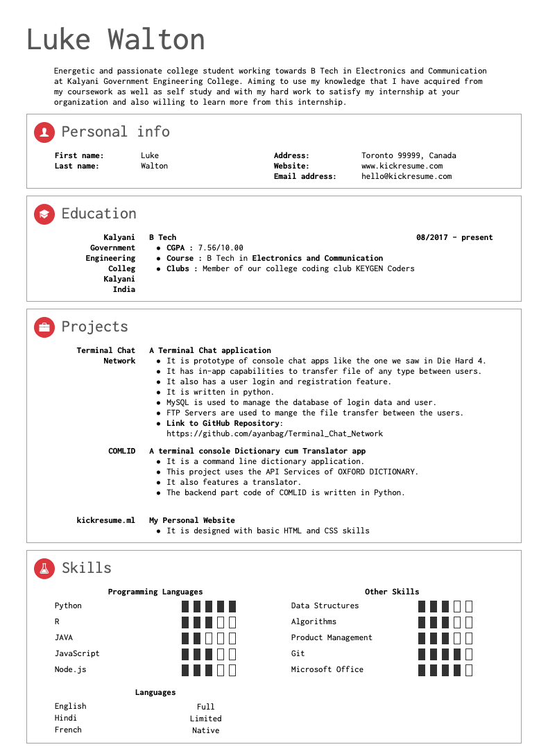college student resume for summer job