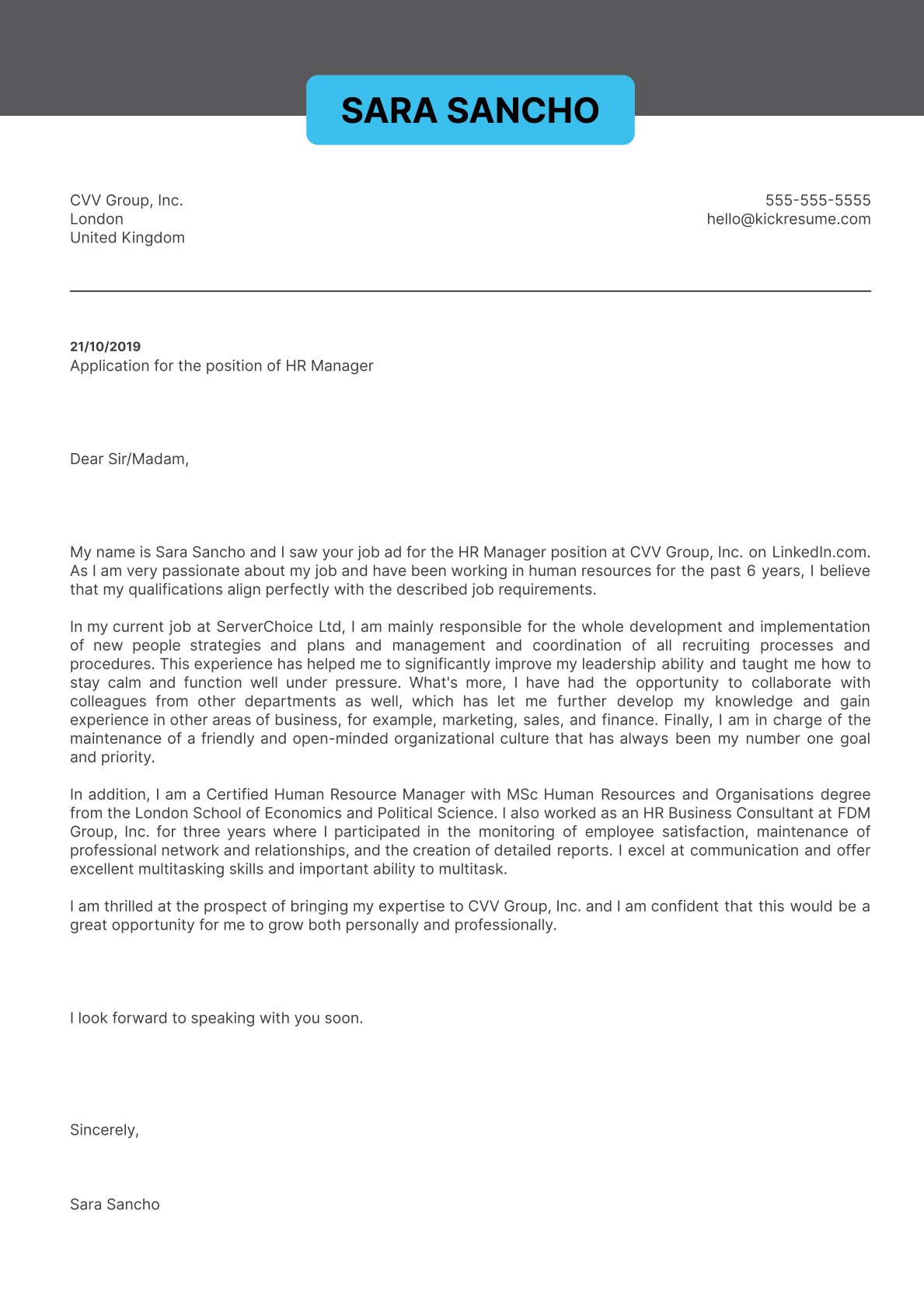 HR manager cover letter example
