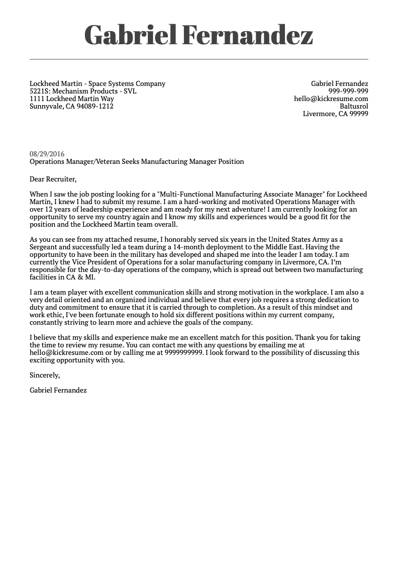 Lockheed Martin Manufacturing Manager Cover Letter Sample