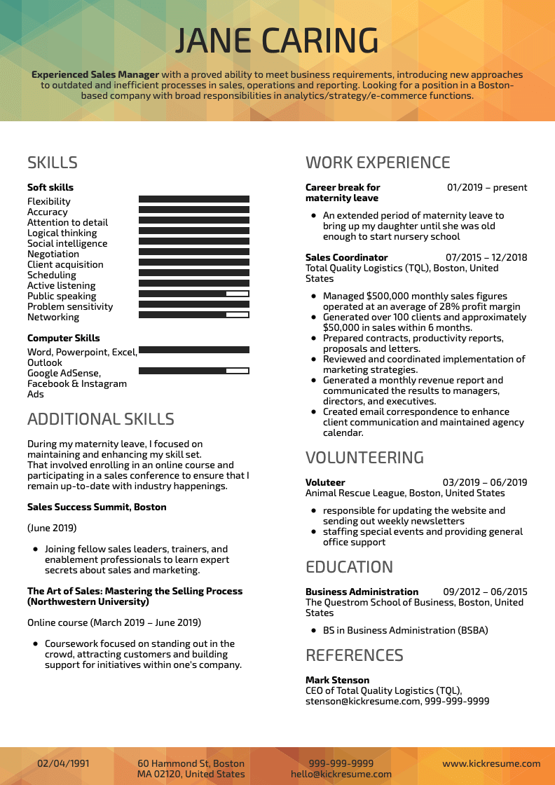 Maternity Leave Resume Example