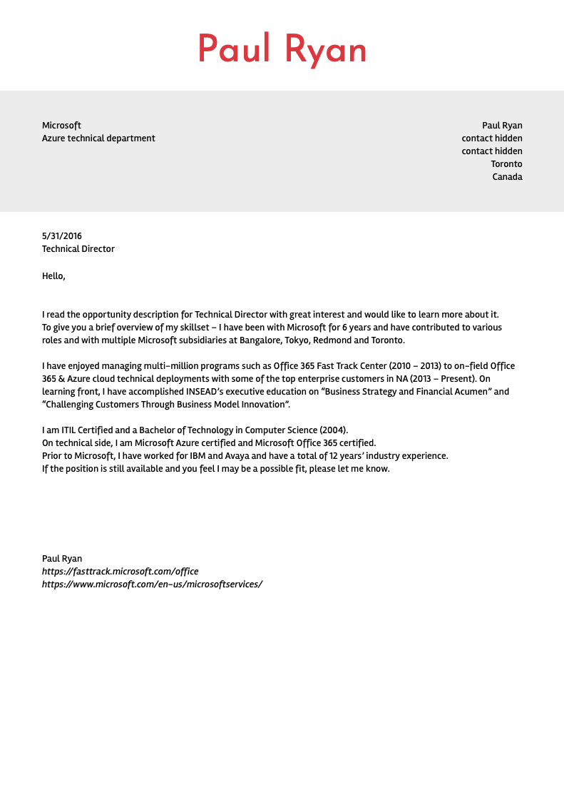 Microsoft Technical Director Cover Letter Sample