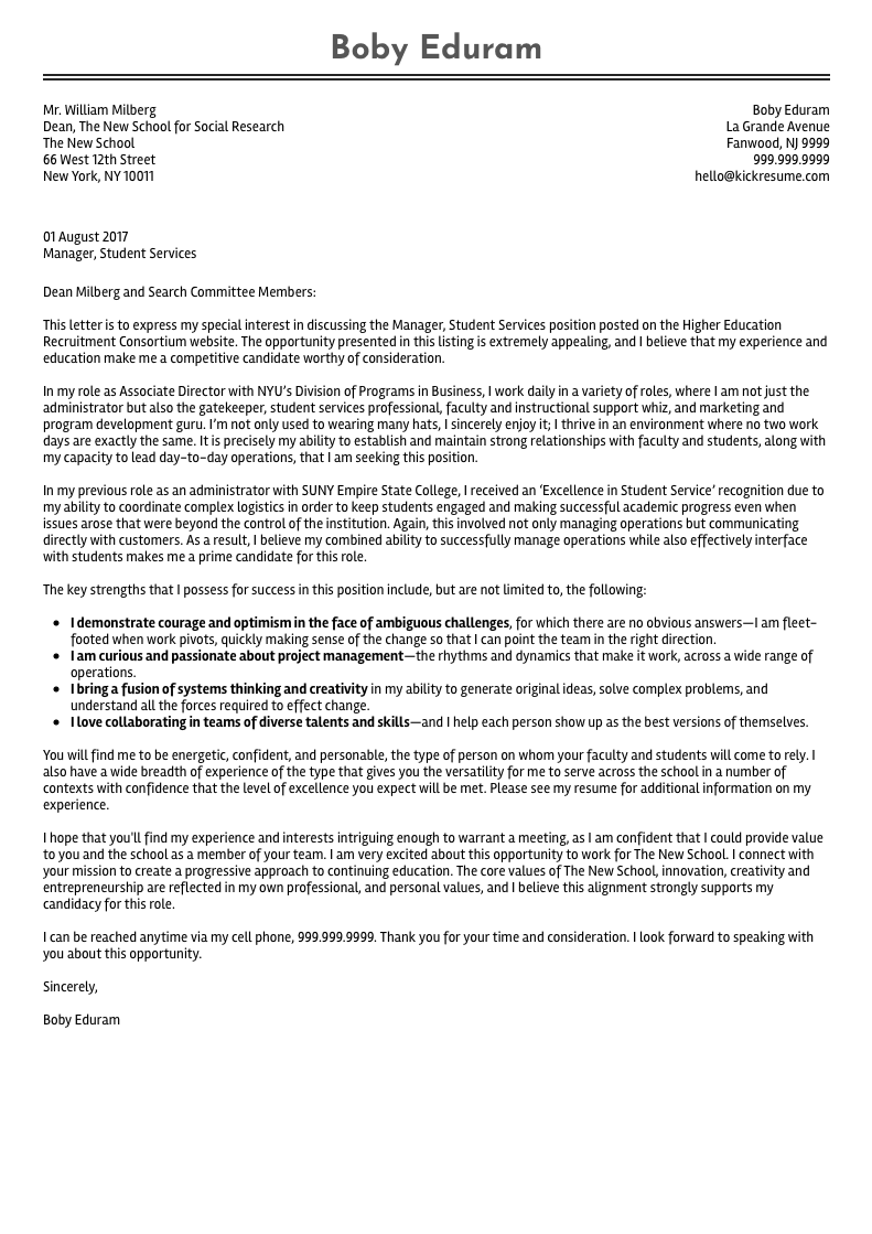 NYU Associate Director Cover Letter Sample