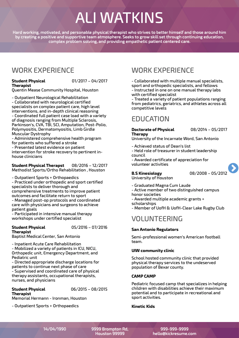 Physical Therapist Healthcare Resume Sample