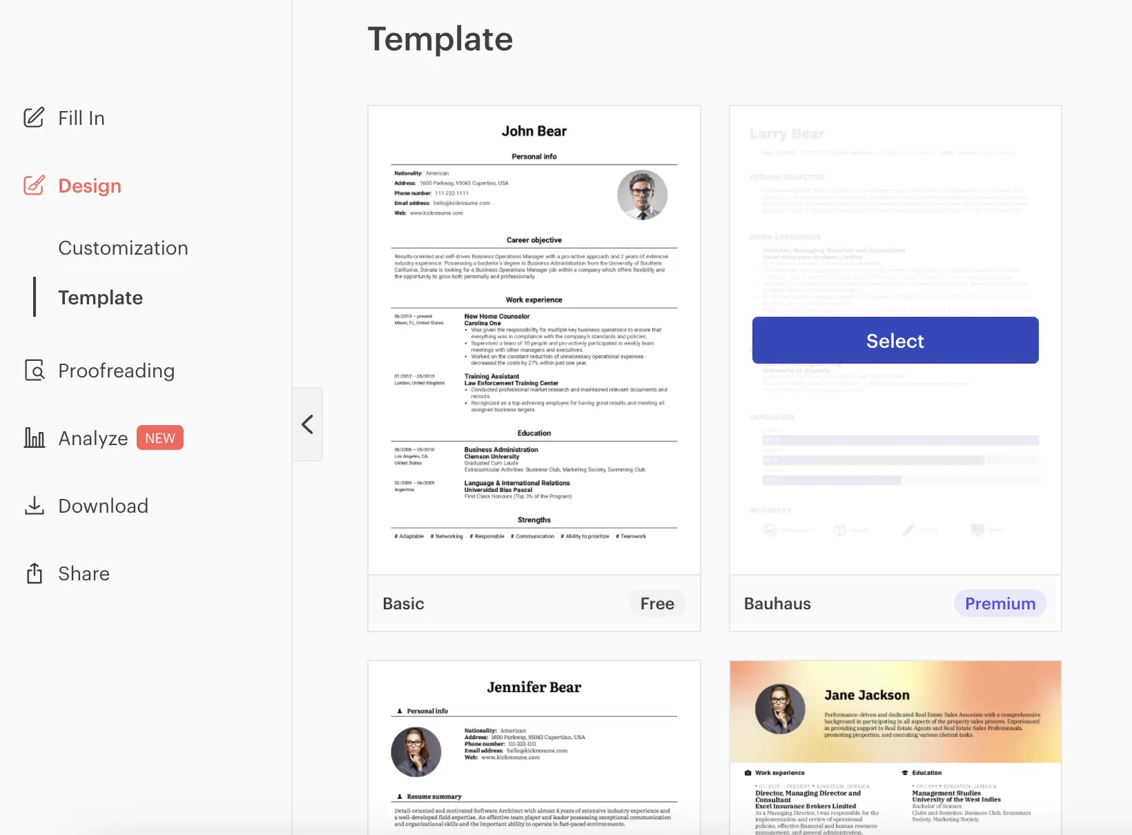 how to choose a template at kickresume