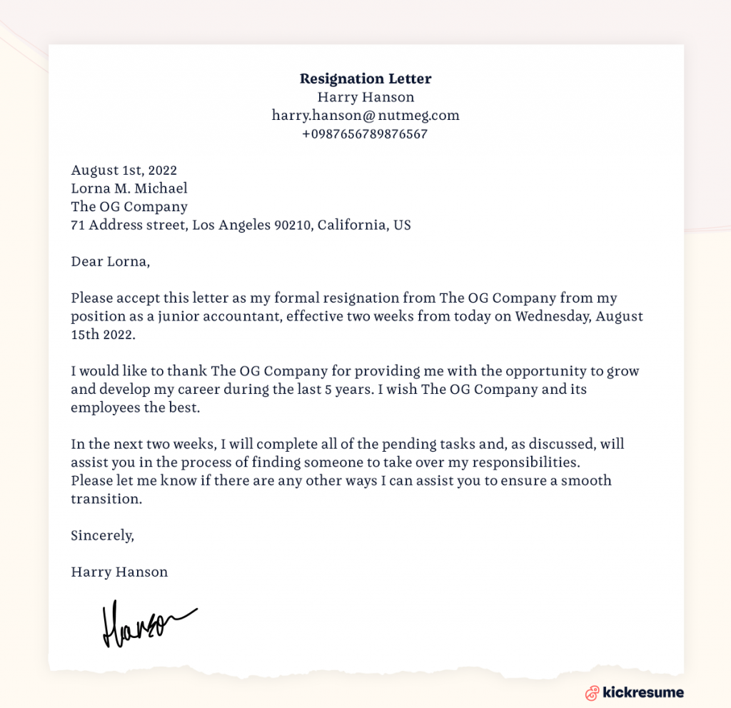 resignation letter sample 2 weeks notice