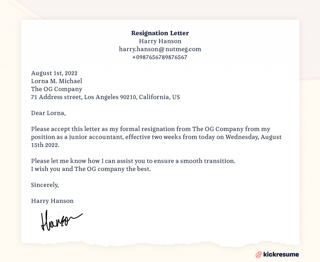 Short resignation letter sample