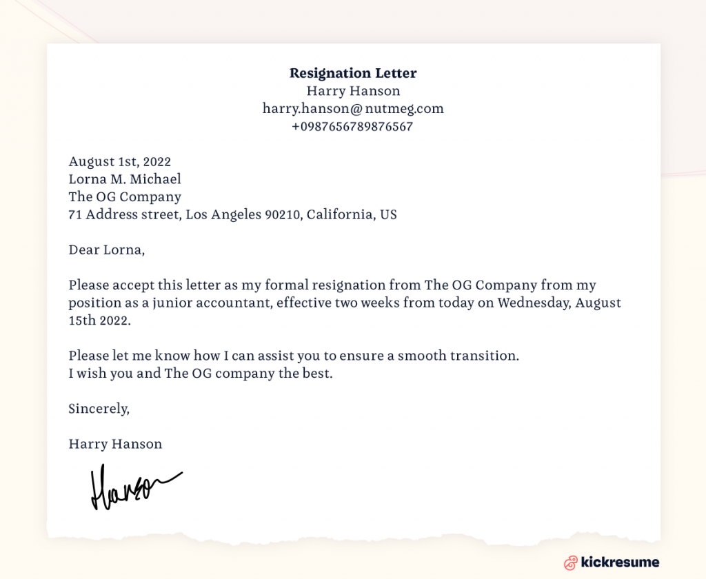 letter of resignation from work