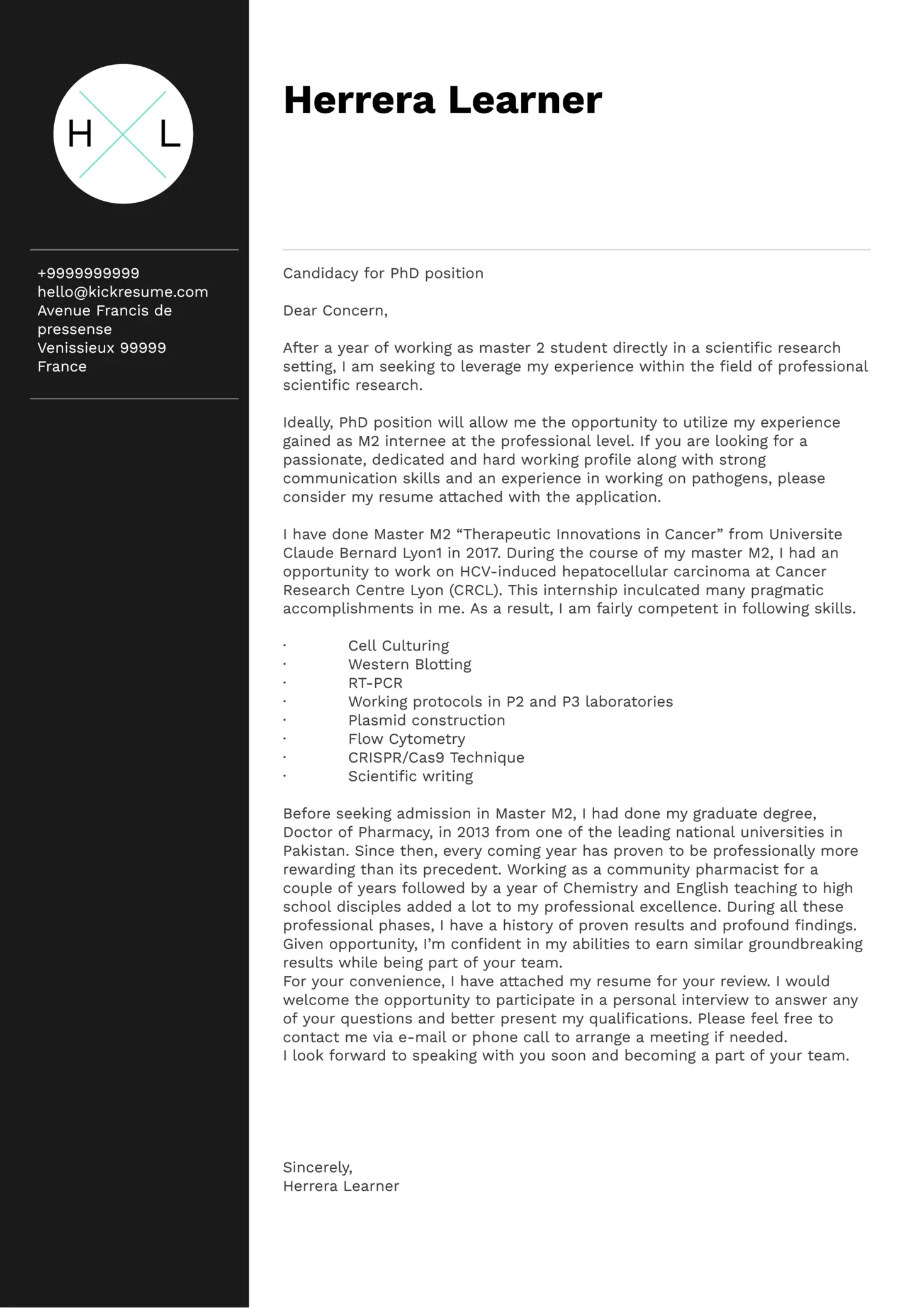 cover letter to phd application