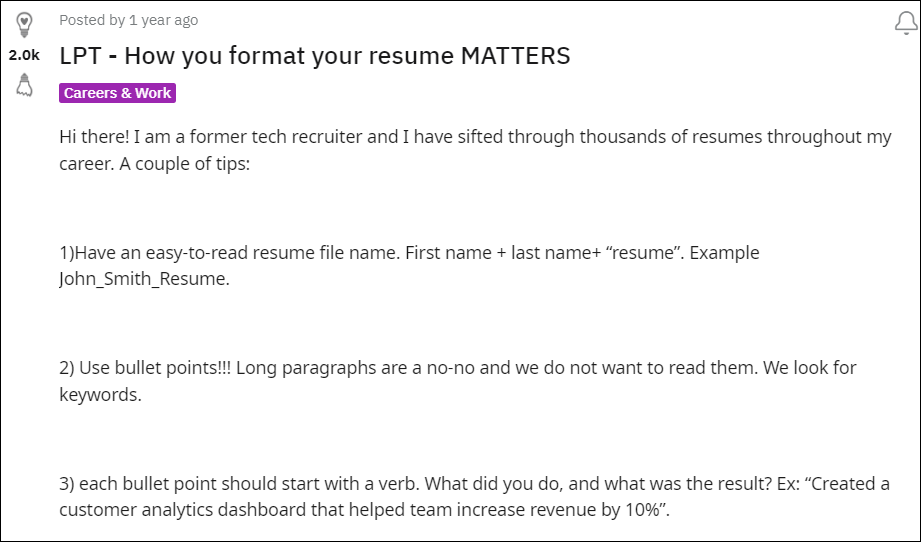 best resume advice according to reddit: bullet points