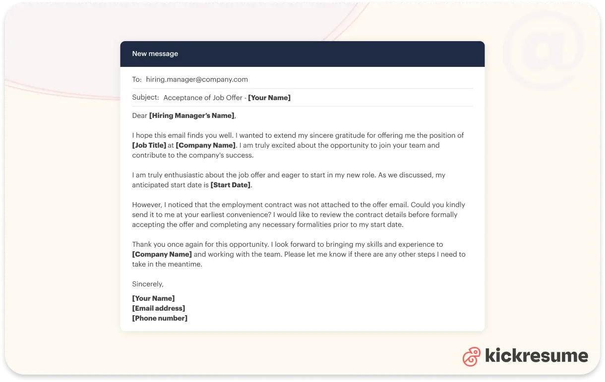 How to accept a job offer email template: asking for an employment contract